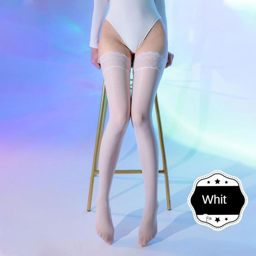 (white, One size) Sexy Oil Shiny Stockings For Sexy Lady Silky Smooth Bare Leg Stockings Women Over The Knee Lace Socks