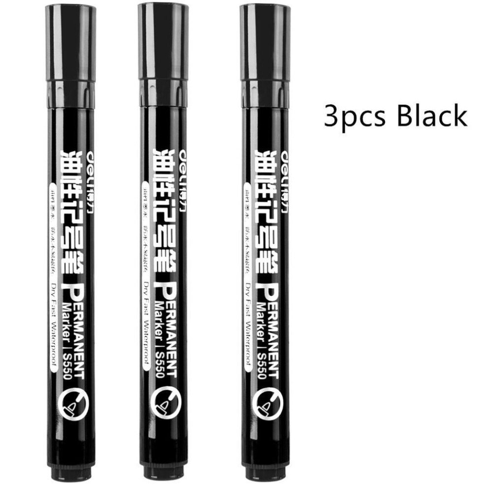 (black) 3pcs Oil Ink Permanent Marker Pen Waterproof Black Blue Red Color Metal Ceramic Cd Fabric Wood D6842