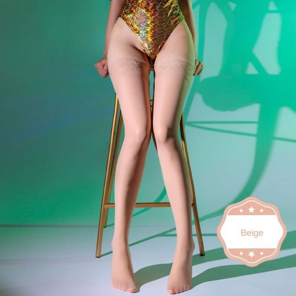 (beige, One size) Sexy Oil Shiny Stockings For Sexy Lady Silky Smooth Bare Leg Stockings Women Over The Knee Lace Socks