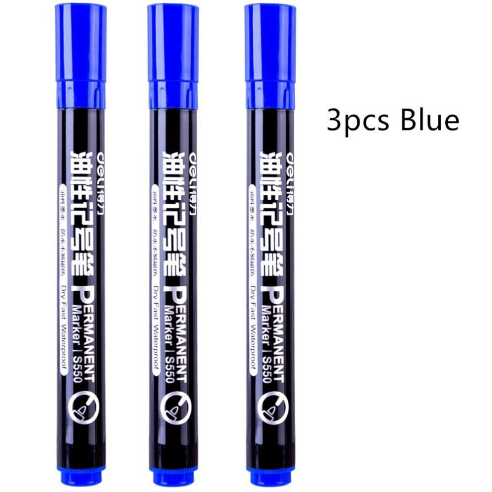 (blue) 3pcs Oil Ink Permanent Marker Pen Waterproof Black Blue Red Color Metal Ceramic Cd Fabric Wood D6842
