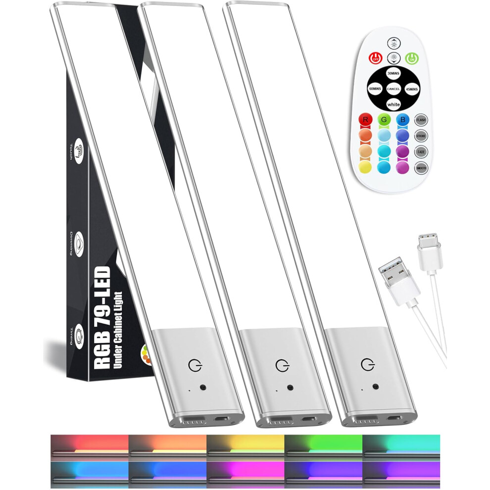 (Remote Control / 3 Packs) Wireless Cabinet Lights, RGB Cabinet Lights, Rechargeable Closet Light Remote Control, Under Counter Lights for Kitchen Shelves Pantry Tables