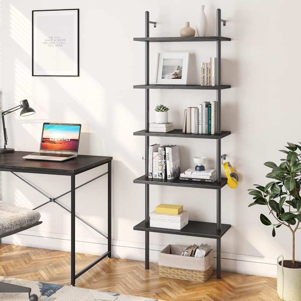 (Black) Industrial Ladder Shelf 5-Tier Bookcase Rack 180CM Storage Unit with Metal Frame Floating Wall Shelf for Living Room, Office, Bedroom