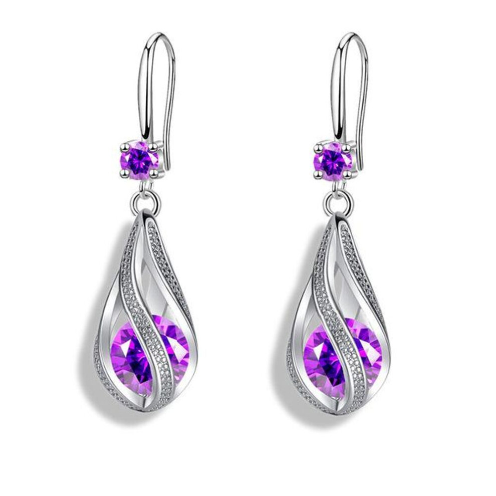 (purple) Fine New 925 Sterling Silver Luxury Crystal Zircon Earrings Charms For Woman Cute Engagement Wedding Jewelry Drop Gift