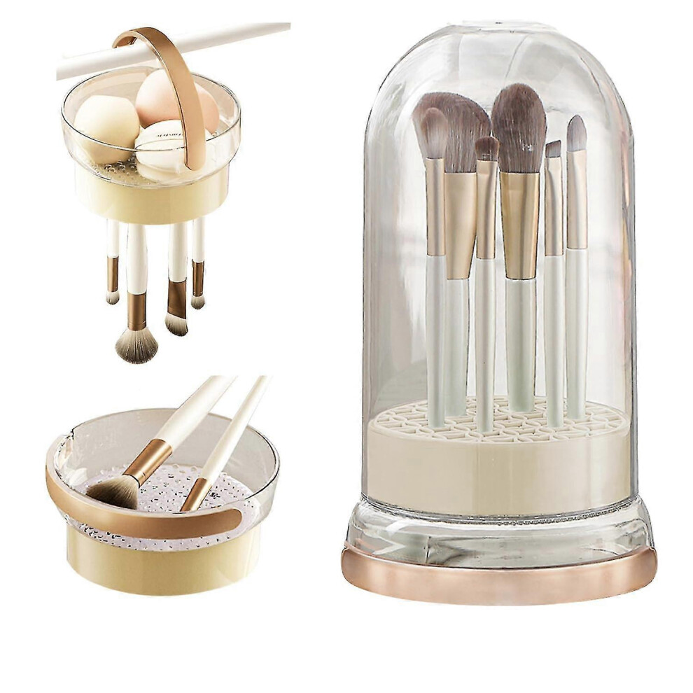 Beige (Beige) Makeup Brush Cleaner Bowl 3 In 1 Makeup Brush Cleaner Mat & Brush Drying Holder Dustproof Makeup Brush Organizer With Lid
