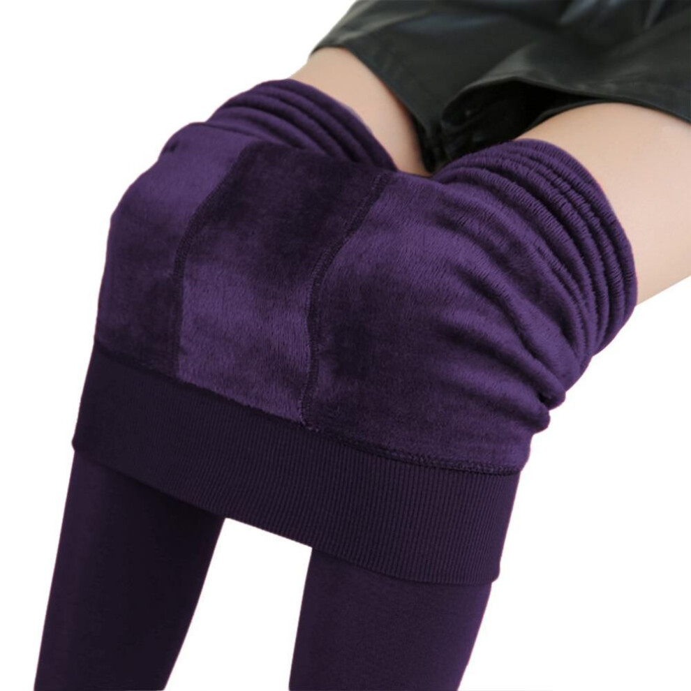 (purple, L) Women Leggings Solid Color High Waist Push Up Plus Velvet Pants Women Warm Trousers