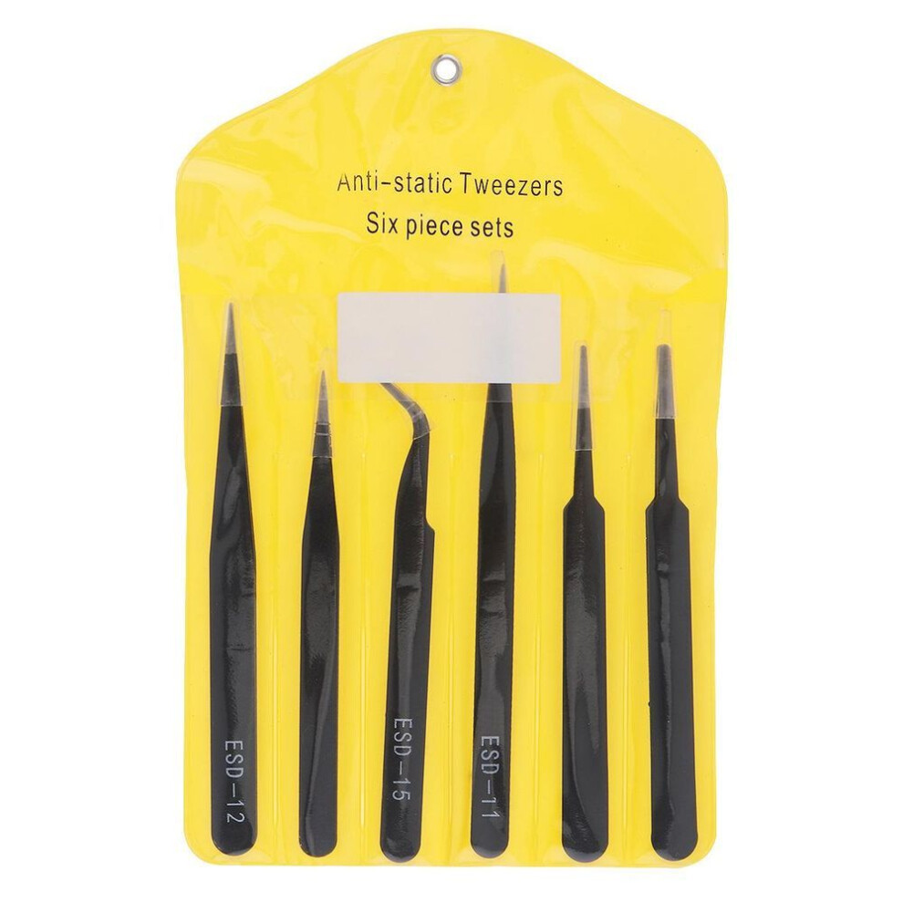 (black, 1.5MM) 6pcs/set Stainless Steel Tweezers 1.0mm Anti-static Fix Repair Tool Kit For Electronics Jewelry