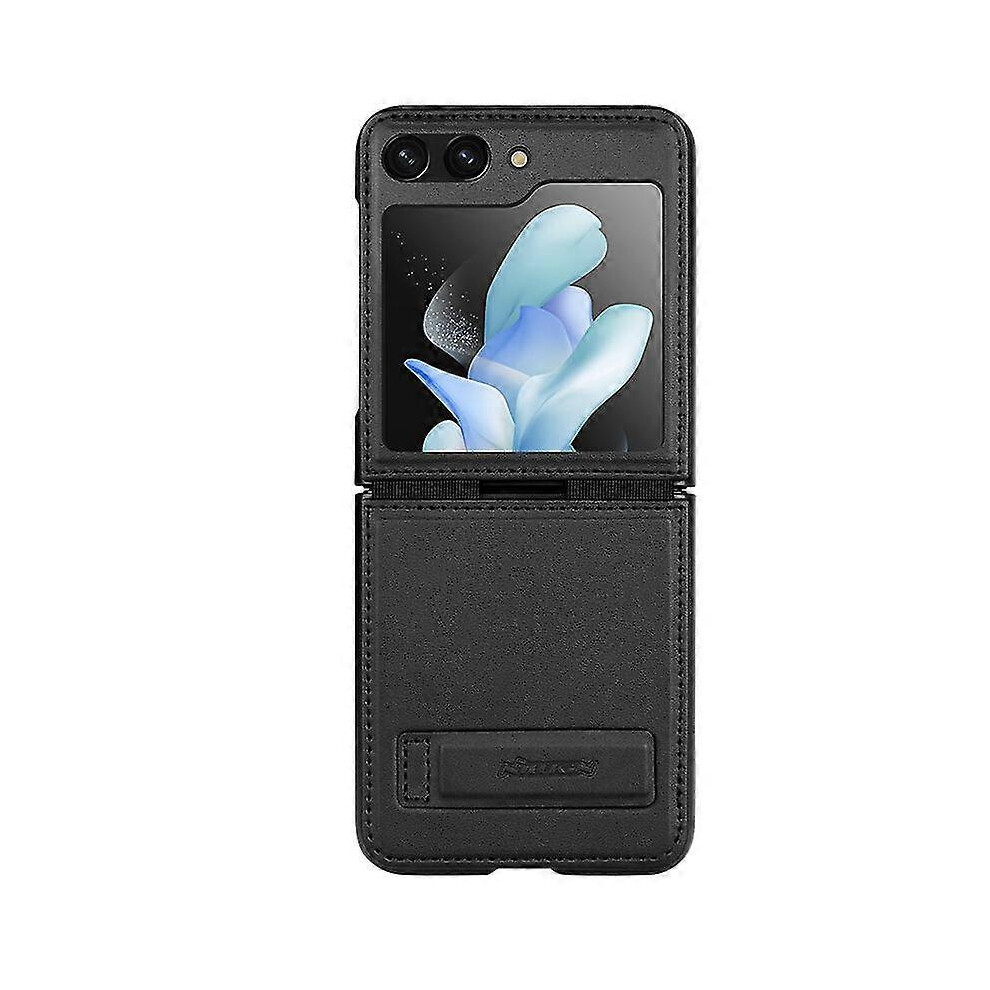 (Black) Z Flip 5 Case, Leather Case Compatible Samsung Galaxy Z Flip 5 With Hidden Kickstand Stretch Elastic Hinges Protection-image-OPC-PG5D92W-NEW