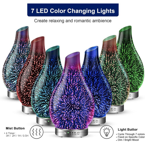 (3d Firework) Essential Oil Diffuser 3D Glass Aromatherapy Ultrasonic Humidifier, 7 Colors LED Lights Changing, 120ml (3d firework) 1