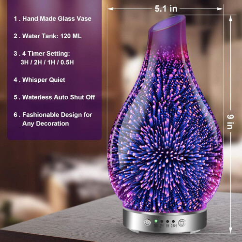 (3d Firework) Essential Oil Diffuser 3D Glass Aromatherapy Ultrasonic Humidifier, 7 Colors LED Lights Changing, 120ml (3d firework) 2