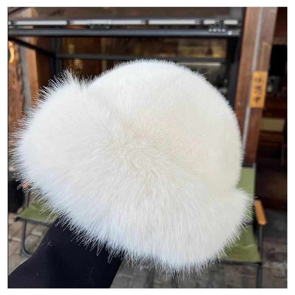 (white, 1PCS) Winter Hat For Women Faux Fur Fluffy Bucket Hat For Women Luxury Plush Thicken Snow Fur Bucket Hat Soft Panama Cap