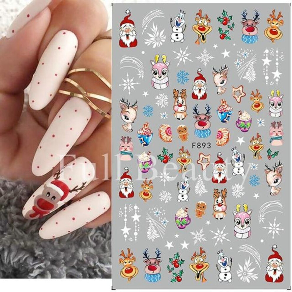 (F893) Christmas Nail Stickers Penguin Santa Claus Elk Tree Deer Bears Cartoon Sliders White Snowflakes Decals Nail Art Decorations