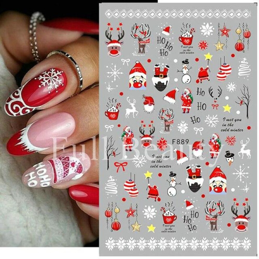 (F889) Christmas Nail Stickers Penguin Santa Claus Elk Tree Deer Bears Cartoon Sliders White Snowflakes Decals Nail Art Decorations