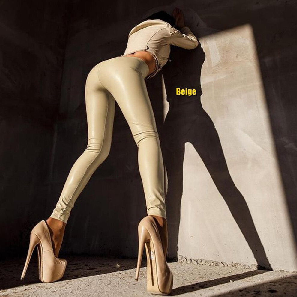 (beige, S) Fashion Women&apos;s Leather Leggings Female High Waist Stretchy Trousers Casual Leather Pants Plus Size Skinny Long Pants
