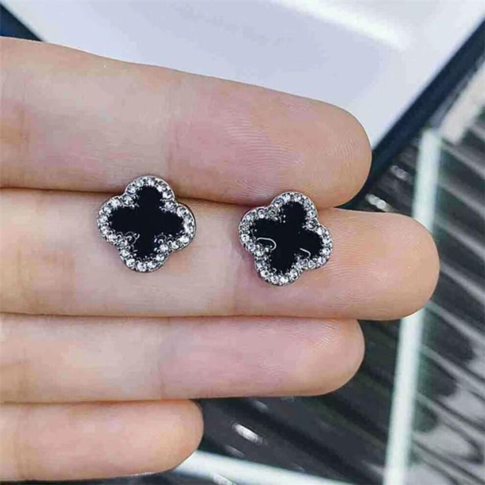 (Silver) Simple Rhinestone Clover Stud Earrings For Women Girl Fashion Earring No Allergy Four Leaf Clover Earrings Jewelry Silver