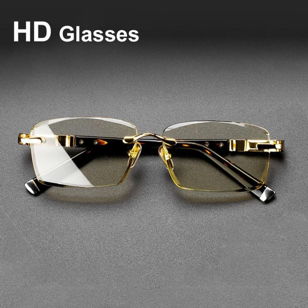 (coffee, +1.0) Fashion Diamond Cutting Rimless Reading Glasses For Men Women Anti Blue Light High Clear Presbyopic Eye Glasses