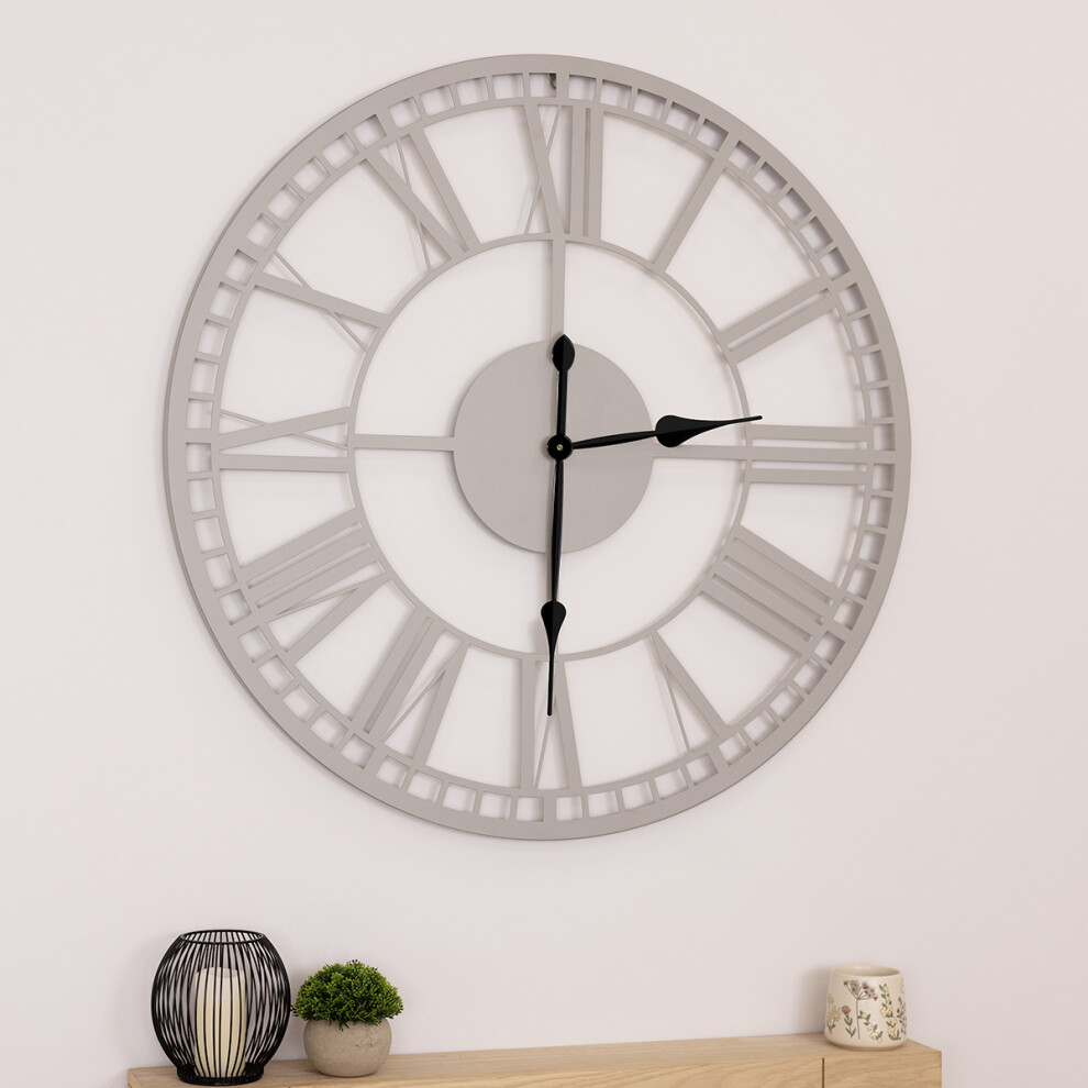 CHARLES BENTLEY Malham Outdoor And Indoor Wall Clock, Grey Coating, Skeleton Design, Metal, Quiet Ticking, Roman Numerals, Giant Open Face, Analog,