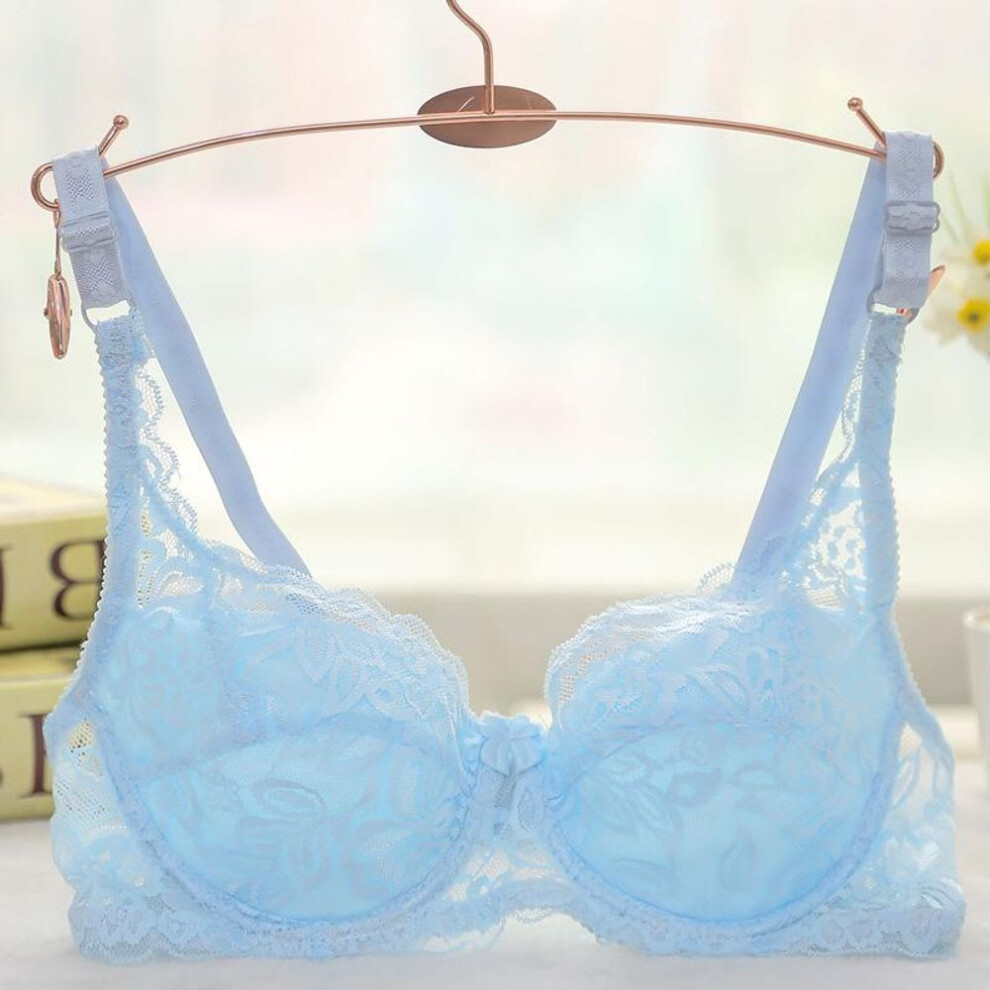 (light blue, M) Women&apos;s Sexy Bra Thin Sexy Lace Cotton A B Cup Bow Gathered Bra Adjusted-straps Underwire Bra