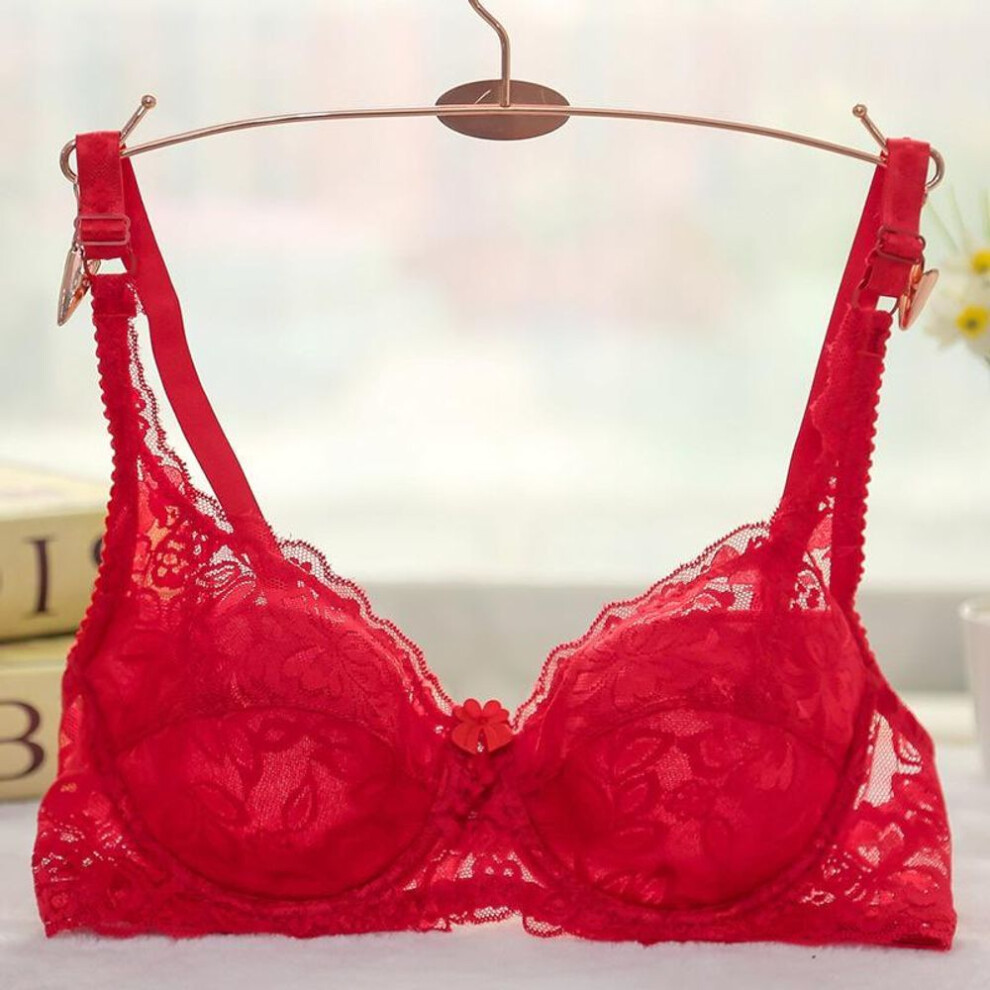 (red, 2XL) Women&apos;s Sexy Bra Thin Sexy Lace Cotton A B Cup Bow Gathered Bra Adjusted-straps Underwire Bra
