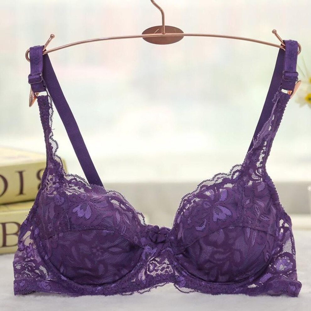 (purple, XL) Women&apos;s Sexy Bra Thin Sexy Lace Cotton A B Cup Bow Gathered Bra Adjusted-straps Underwire Bra