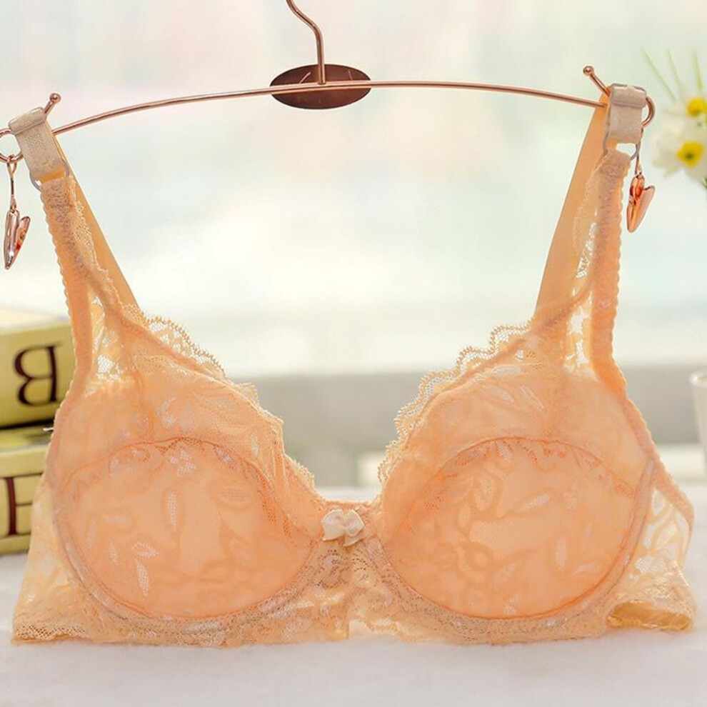 (nude, L) Women&apos;s Sexy Bra Thin Sexy Lace Cotton A B Cup Bow Gathered Bra Adjusted-straps Underwire Bra