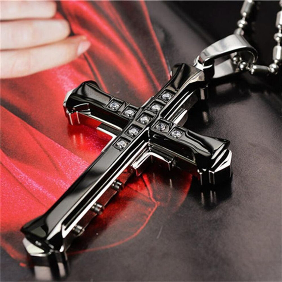(black) Fashion Crystal Cross Pendant Necklace Jesus Cross Hip Hop Necklaces For Men Stainless Steel Jewelry Party Anniversary Gift