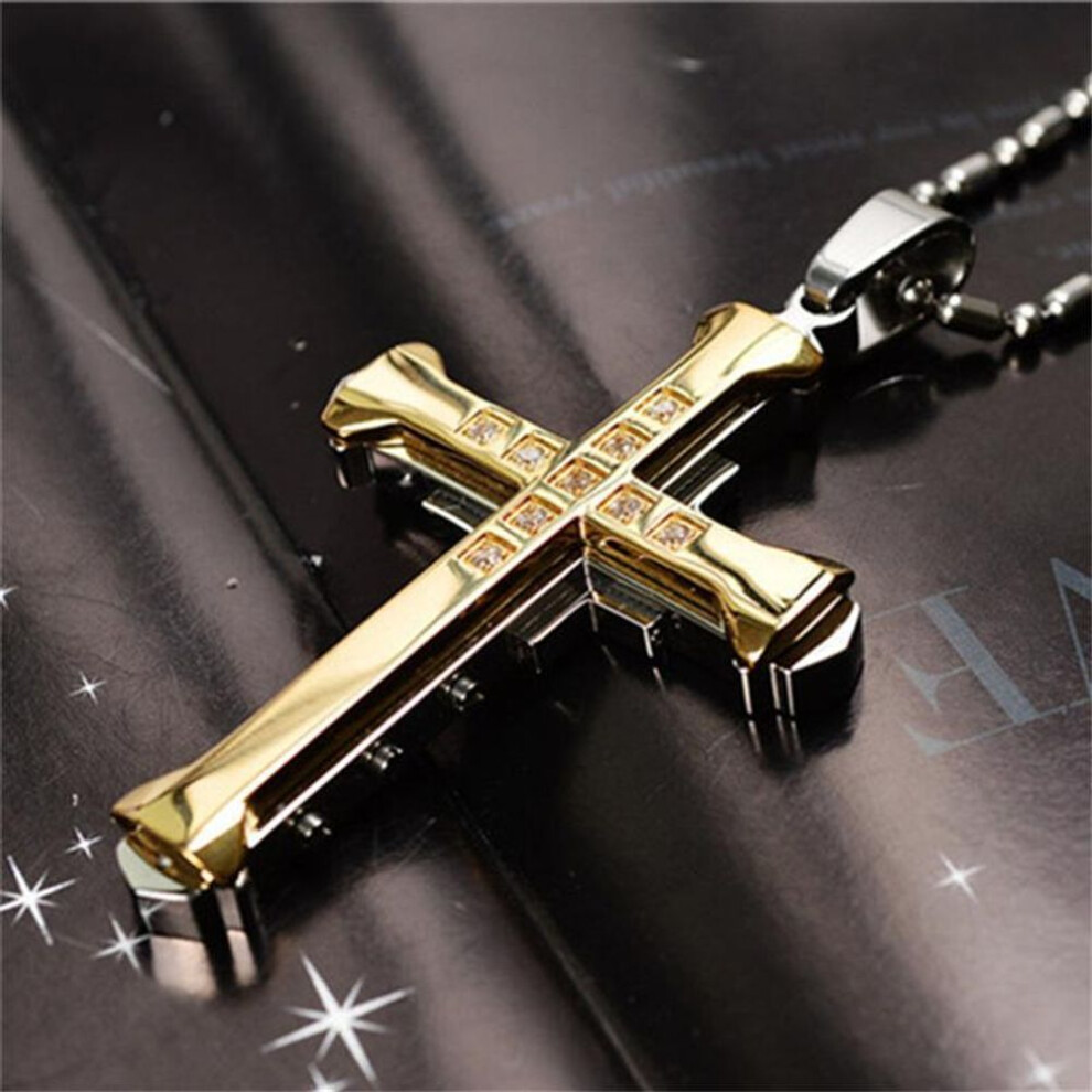 (gold) Fashion Crystal Cross Pendant Necklace Jesus Cross Hip Hop Necklaces For Men Stainless Steel Jewelry Party Anniversary Gift