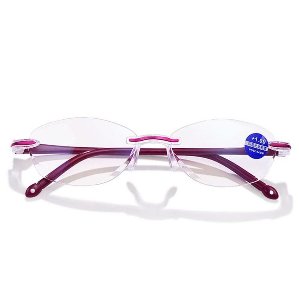 (pink, +2.0) Anti-blue Light Frameless Reading Glasses Women Men Square Rimless Presbyopic Glasses Eyewear Diopters +1.0 To +4.0