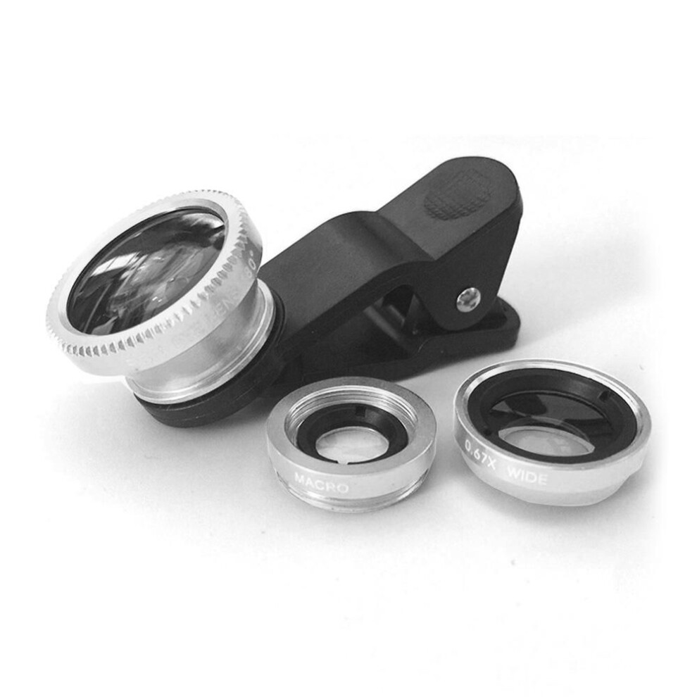 (silver) Fonken 3 In 1 Fisheye Phone Lens Wide Angle Zoom Fish Eye Macro Lenses Camera Kits With Clip Lens On The Phone For Smartphone