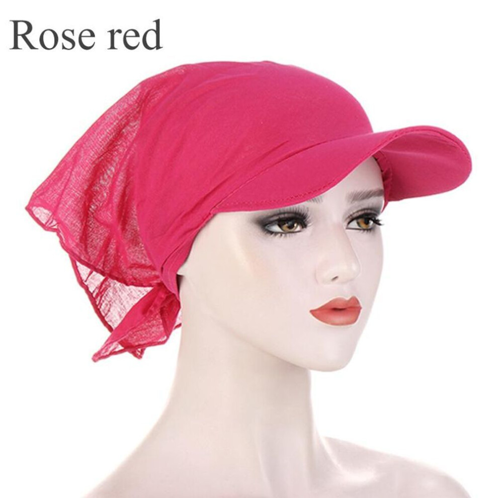 (rose red) 1pc Women Turban Caps Durag Brim Cap Sun Visor With Pre-tied Head Scarf Hijab Muslim Pure Color