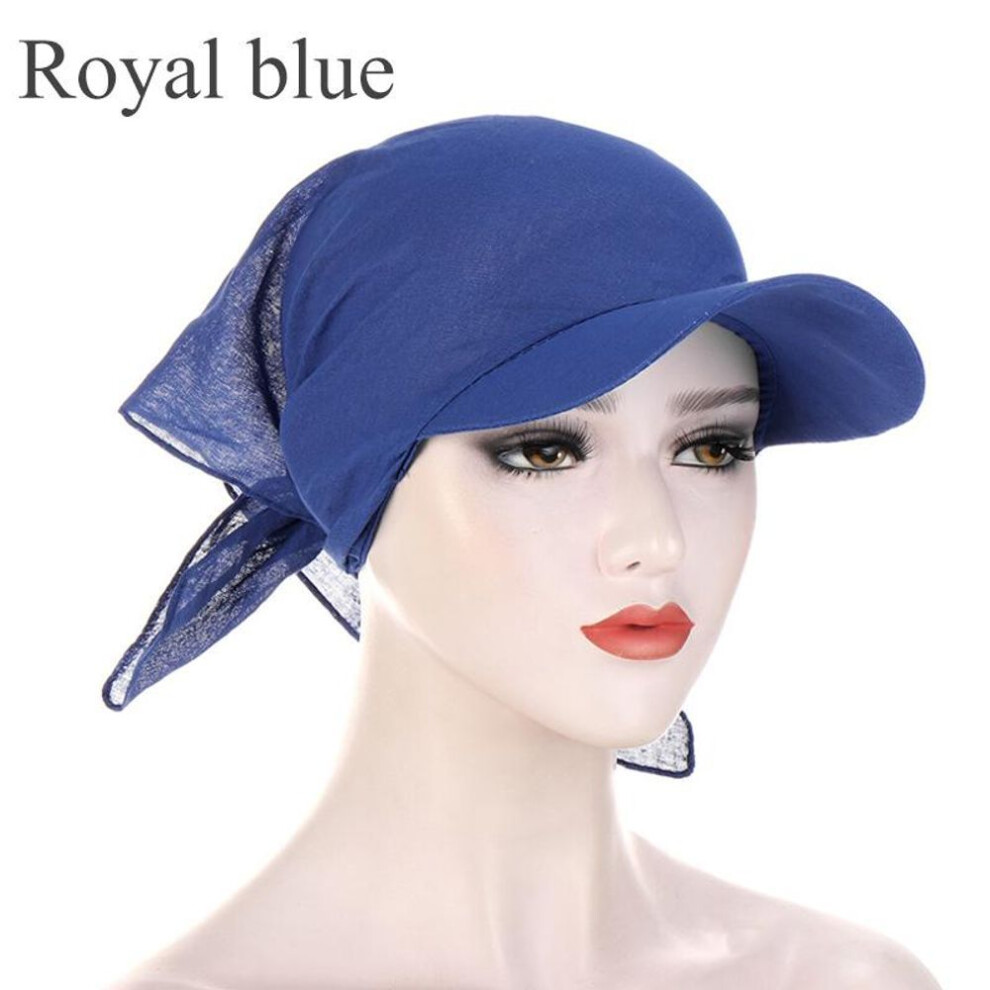 (royal blue) 1pc Women Turban Caps Durag Brim Cap Sun Visor With Pre-tied Head Scarf Hijab Muslim Pure Color