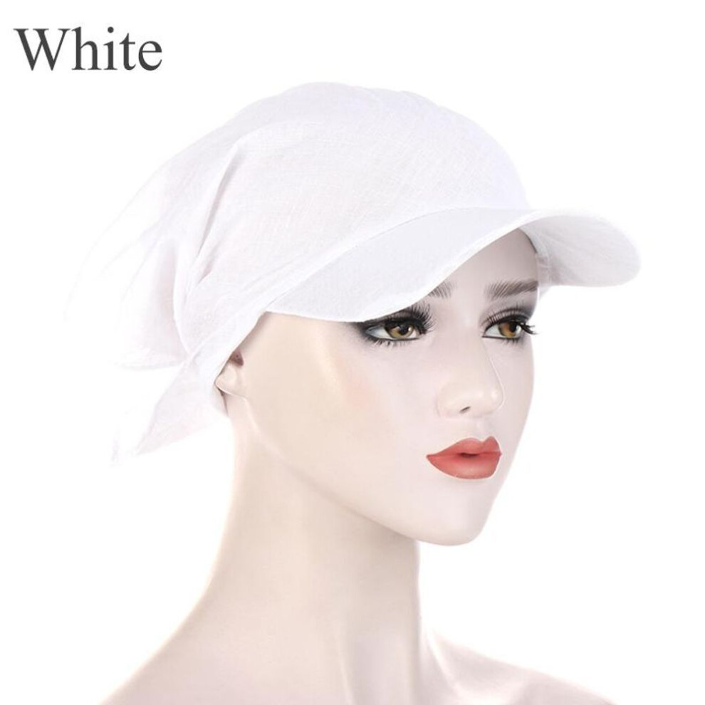 (white) 1pc Women Turban Caps Durag Brim Cap Sun Visor With Pre-tied Head Scarf Hijab Muslim Pure Color