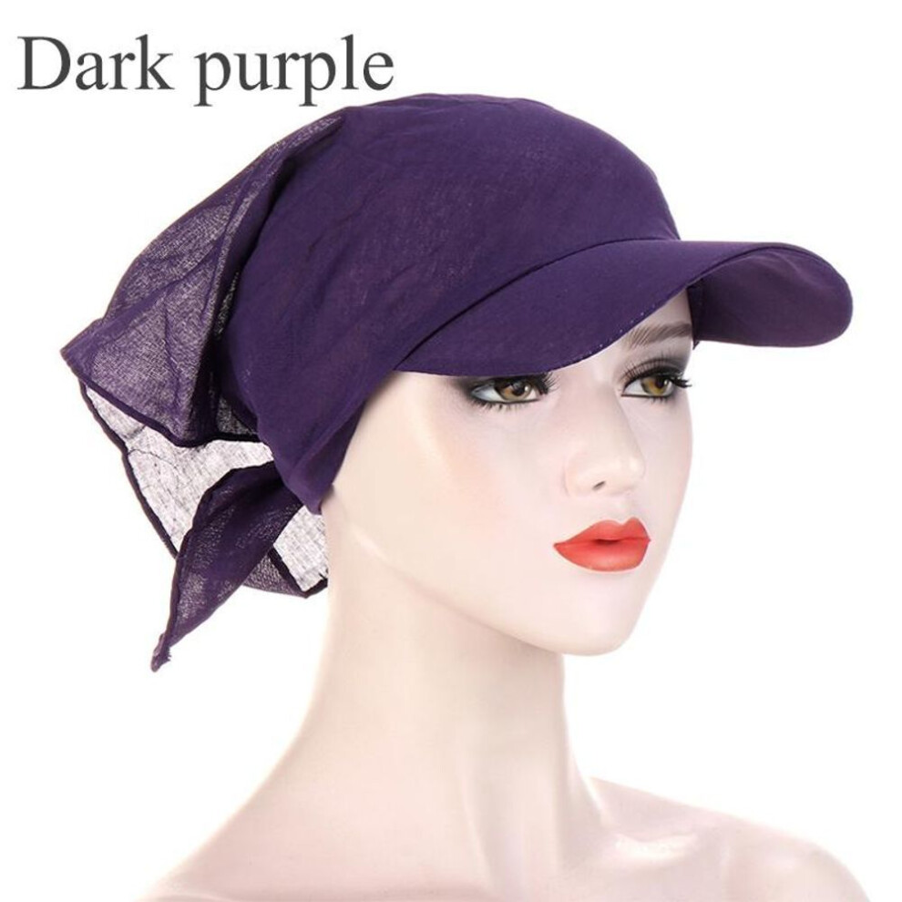 (dark purple) Women's Turban Cap with Sun Visor and Pre-Tied Scarf