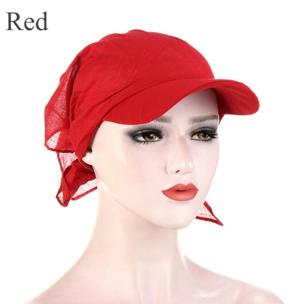 (red) Women's Turban Cap with Sun Visor and Pre-Tied Scarf