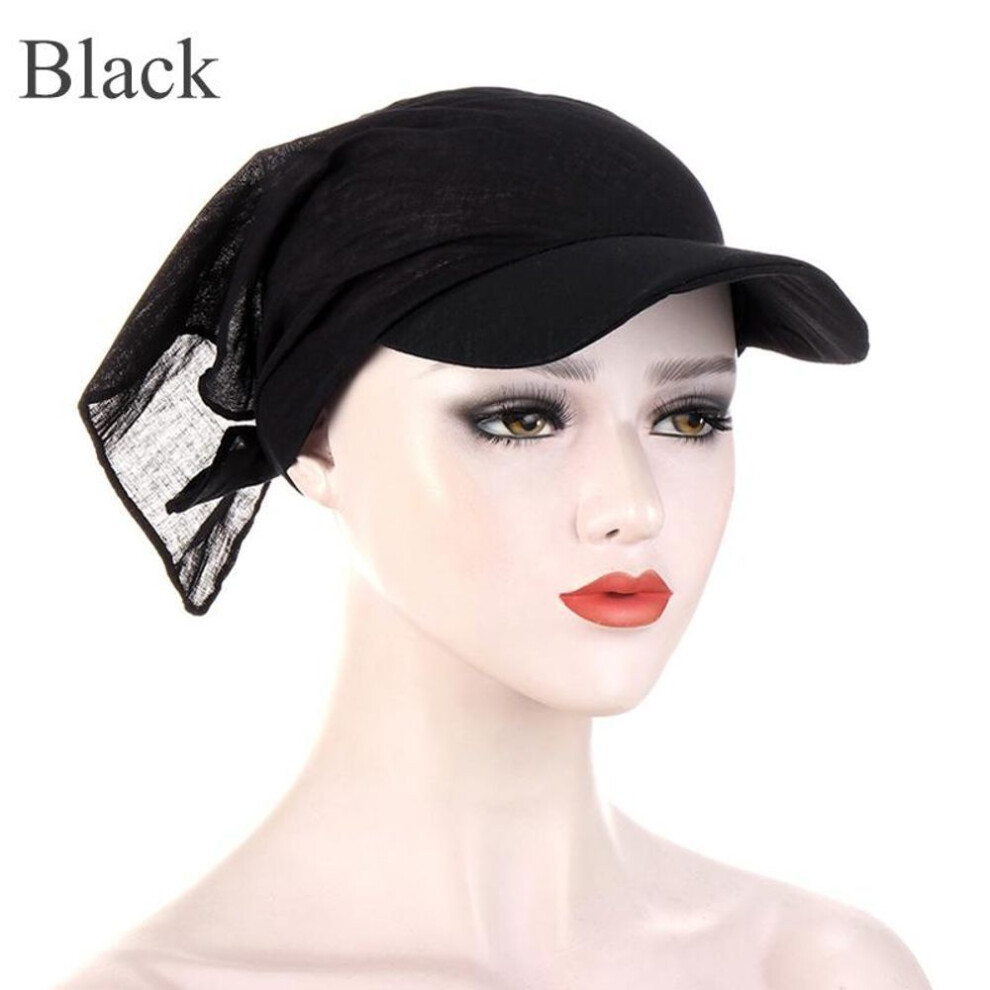 (black) 1pc Women Turban Caps Durag Brim Cap Sun Visor With Pre-tied Head Scarf Hijab Muslim Pure Color