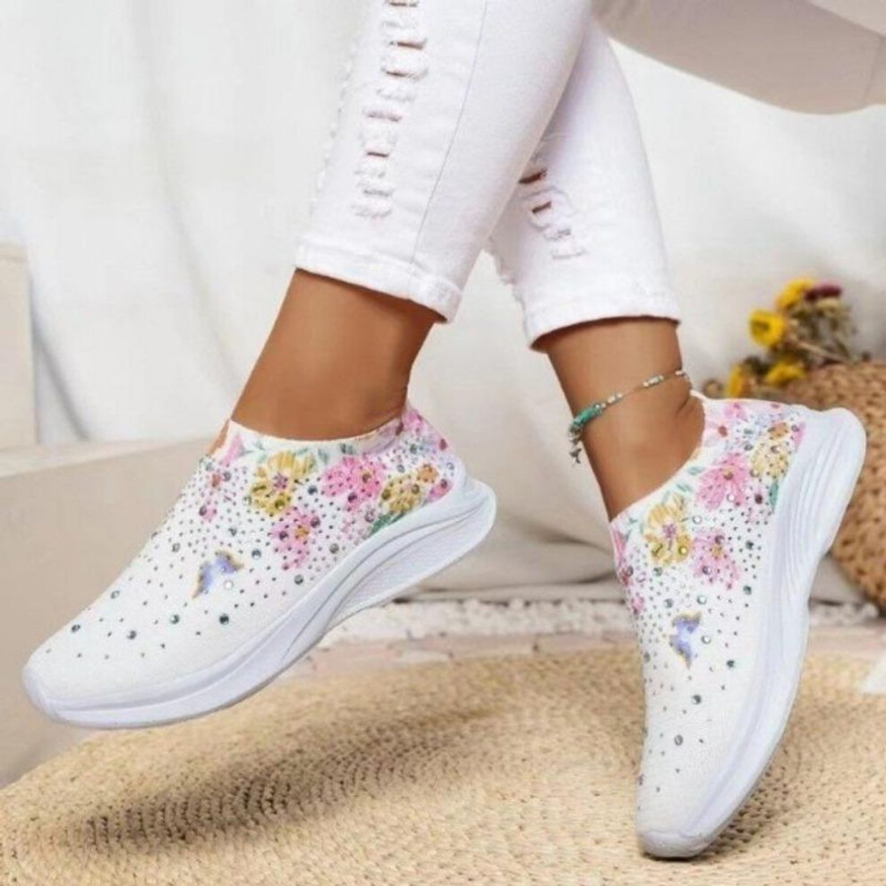 (white, 37) Women&apos;s Rhinestone Decor Slip On Sneakers With Floral & Butterfly Print - Breathable Knit Running Shoes