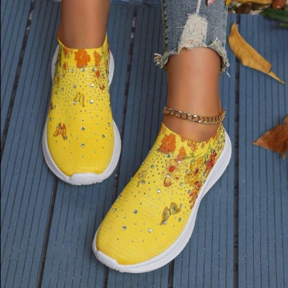 (yellow, 39) Women&apos;s Rhinestone Decor Slip On Sneakers with Floral & Butterfly Print - Breathable Knit Running Shoes