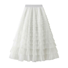 (M, One size) Women's Mesh Ruffle Edge Temperament Half Skirt Celebrity Long Dress Cake Skirt