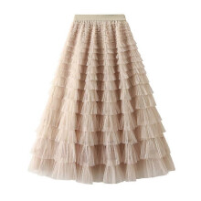 (M, One size) Women's Mesh Ruffle Edge Temperament Half Skirt Celebrity Long Dress Cake Skirt