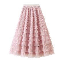 (M, One size) Women's Mesh Ruffle Edge Temperament Half Skirt Celebrity Long Dress Cake Skirt