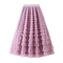 (L, One size) Women's Mesh Ruffle Edge Temperament Half Skirt Celebrity Long Dress Cake Skirt