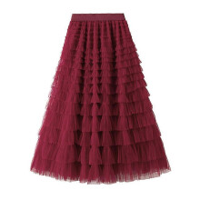 (M, One size) Women's Mesh Ruffle Edge Temperament Half Skirt Celebrity Long Dress Cake Skirt