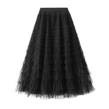 (M, One size) Women's Mesh Ruffle Edge Temperament Half Skirt Celebrity Long Dress Cake Skirt