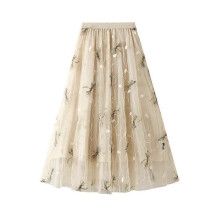 (Beige, One size) Women's 3D Three-dimensional Embroidery Dragonfly Mesh Skirts