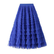 (M, One size) Women's Mesh Ruffle Edge Temperament Half Skirt Celebrity Long Dress Cake Skirt