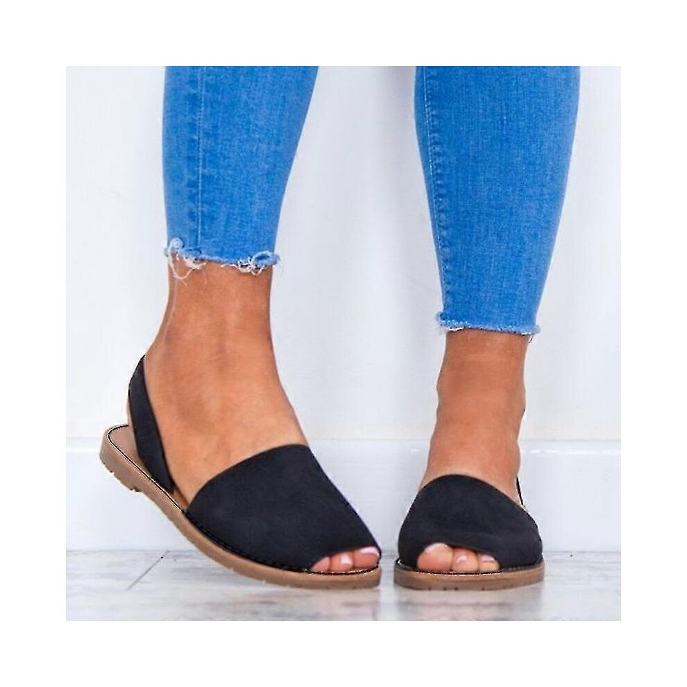 (40, Black) Women Menorcan Flat Sandals Summer Holiday Peep Toe Pumps Flat Casual Shoes