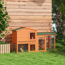 PawHut Wooden Rabbit Hutch with Run, Ramp, Slide-Out Tray, Yellow