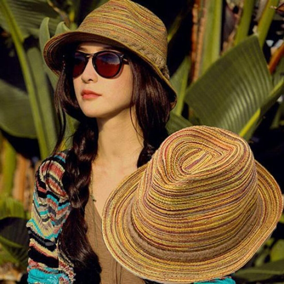 (One Size) Women Summer Bohemia Style Straw Hats Foldable Striped Braided Rope Beach Sun Hat