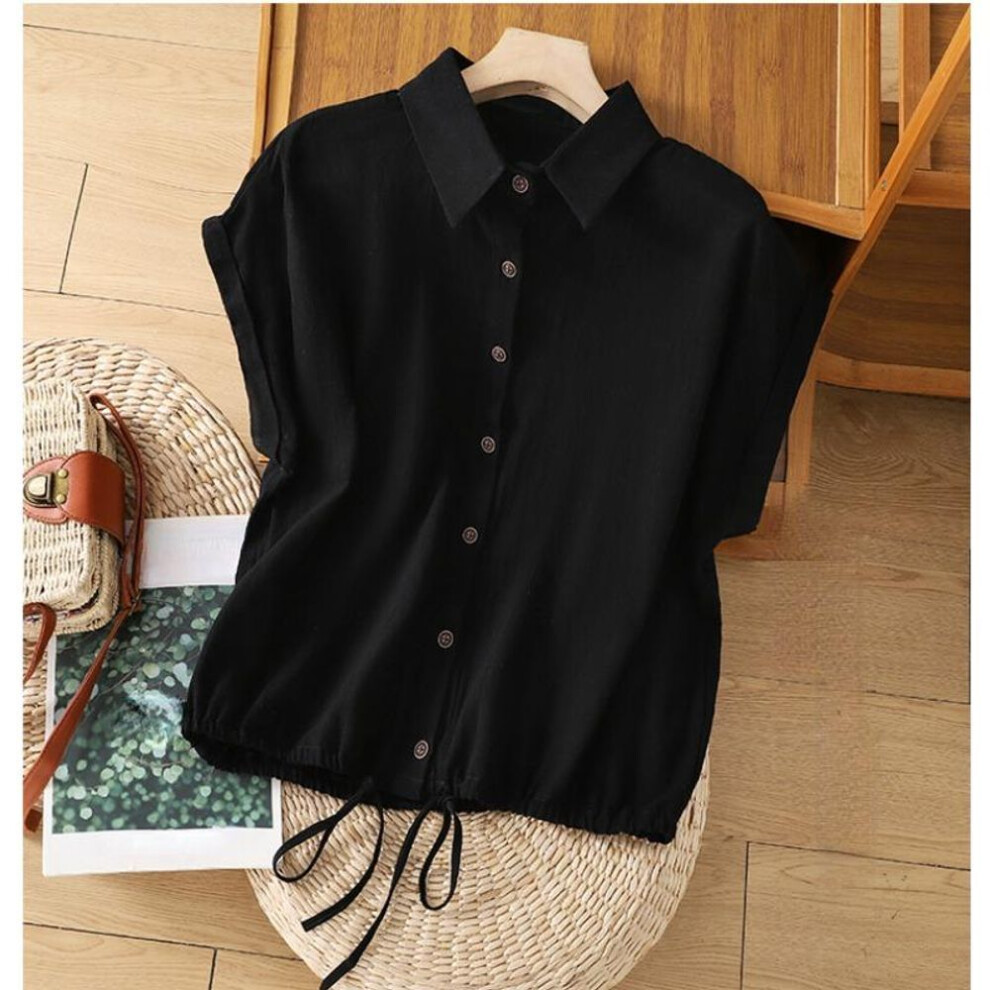 (black, L) DIMANAF 2025 Women Plus Size T-Shirt Oversize Vintage Elastic Loose Thin Short Sleeve Cotton Solid Lady Tops Tees Button