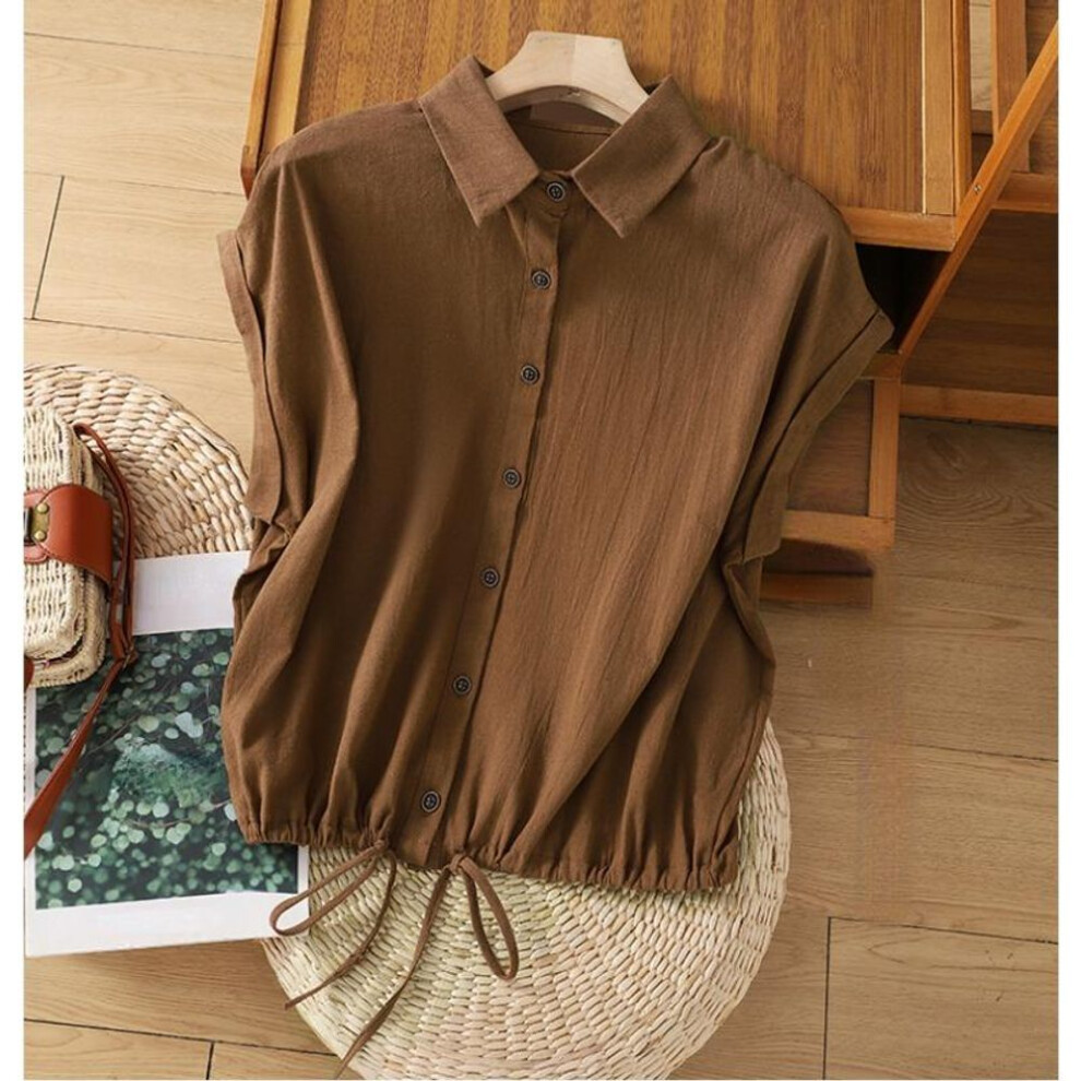 (brown, L) DIMANAF 2025 Women Plus Size T-Shirt Oversize Vintage Elastic Loose Thin Short Sleeve Cotton Solid Lady Tops Tees Button