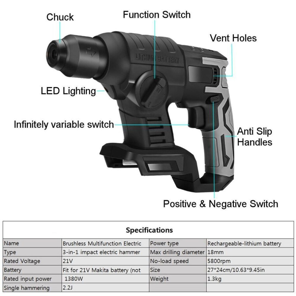 (red) 10000bpm 21v Rechargeable Brushless Cordless Rotary Hammer Drill Impact Electric Hammer Impact Drill For 21v Makita Battery